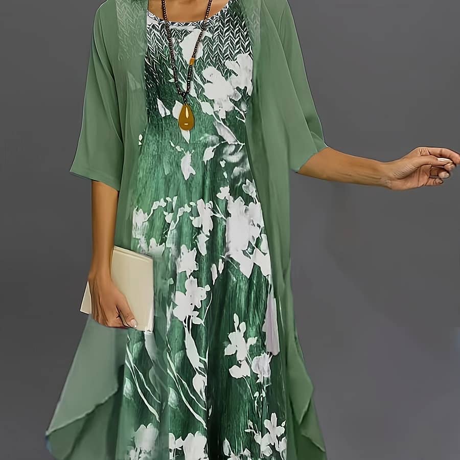 Women’s Elegant Floral Print Dress Set, Spring 2024 Collection, Polyester 95% Elastane 5% Knit Fabric, Crew Neck, All Season Wear, 190gsm & 88.5gsm Textured Weave Clothing Shop Online at Dubai Trades 2