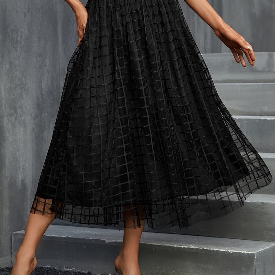 Women’s Elegant Grid-patterned Midi Skirt – Dark Green With Lattice Detailing, Machine Washable Versatile Office & Casual Skirt Clothing Shop Online at Dubai Trades 2