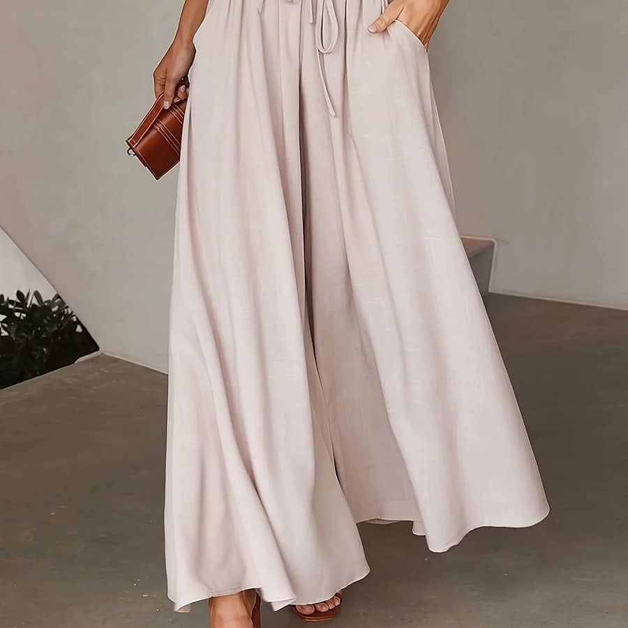 Women’s Elegant High-waist Wide Leg Pants – Solid Color, Polyester, Loose Fit With Drawstring Detail, Spring And Fall Fashion, Stylish Wide Leg Pant Clothing Shop Online at Dubai Trades 2