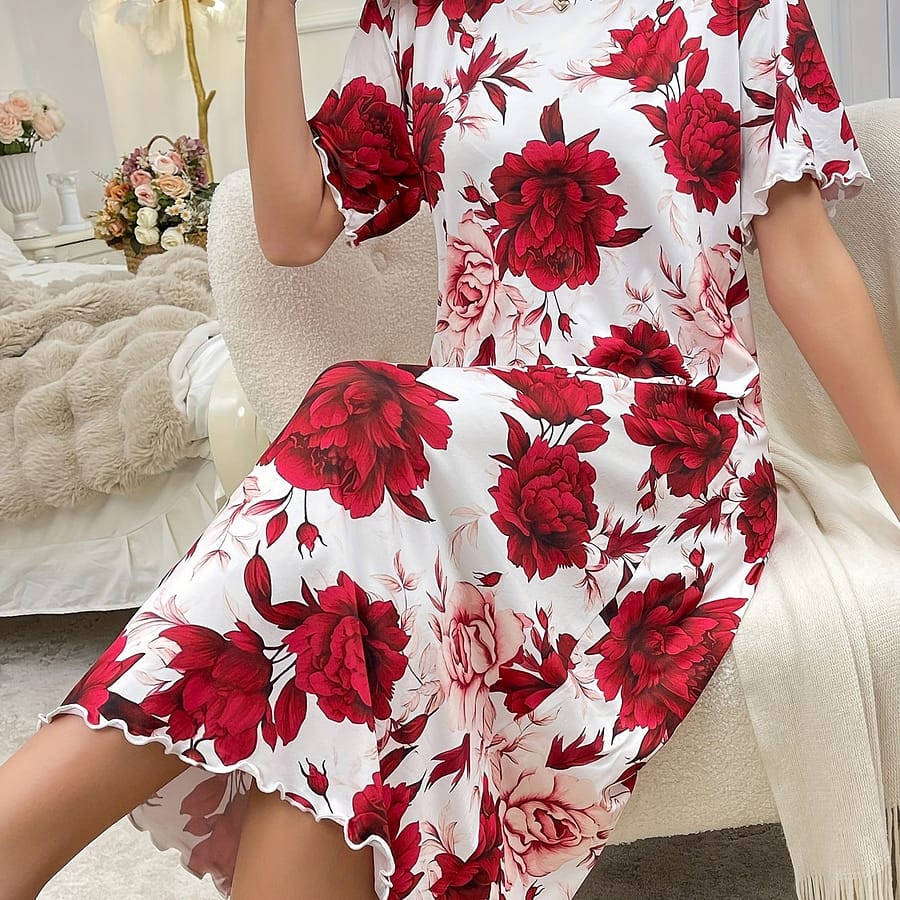 Women’s Elegant Purple Floral Print Sleep Dress With Hem And Short Sleeves – Soft Polyester Nightgown, Round Neck, Comfortable Tee Dress For Clothing Shop Online at Dubai Trades 2