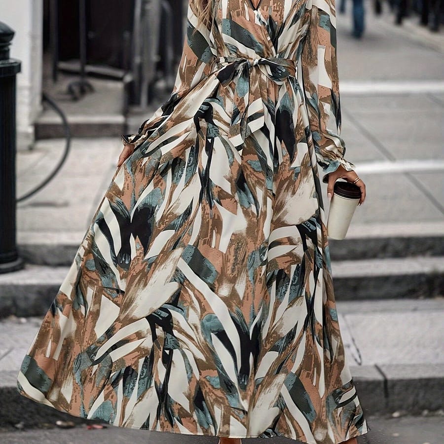Women’s Elegant V-neck Long Sleeve Maxi Dress, 100% Polyester With 5% Spandex, Print, Fitted Weave, Lightweight 100g/m² Fabric, Ideal For Spring/summer/fall – Zd061306 Clothing Shop Online at Dubai Trades 2