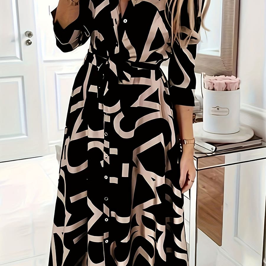 Women’s Elegant V-neck Shirt Dress With Belt, Polyester 95% Elastane 5% Woven Fabric, Non-stretch, , Button Detail, Random Print Midi Work Skirt Clothing Shop Online at Dubai Trades 2