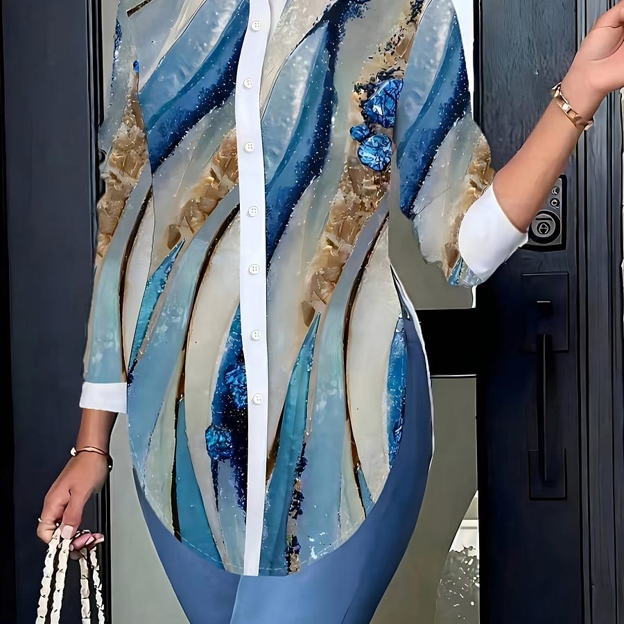 Women’s European Style Printed Long Sleeve Shirt, 100% Polyester, Casual Lapel Collar, Drawing Pattern, Shirting, Woven Fabric, 115g/m² Blouses Shop Online at Dubai Trades 2