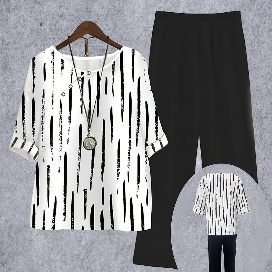 Women’s Fake Button Casual Summer Short Sleeve Black And White Vertical Stripe T-shirt Short Sleeve Top And Shirt Pants Set Clothing Shop Online at Dubai Trades 2