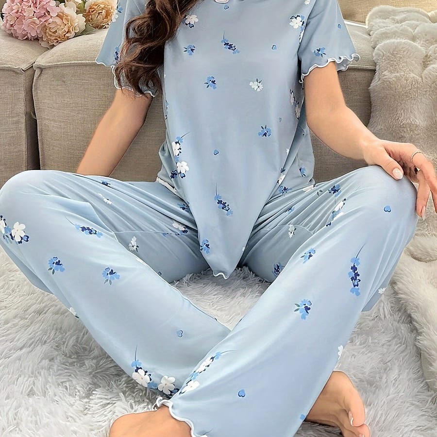 Women’s Floral Frill Trim Pajama Set, Short Sleeve Round Neck Top & Pants, Comfortable Relaxed Fit Clothing Shop Online at Dubai Trades 2