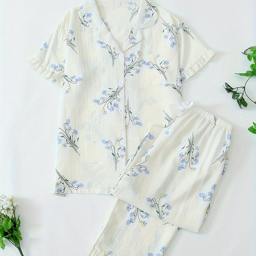 Women’s Floral Print Pajama Set With Ruffle Trim – Comfy Polyester , Button-up Lapel Top & Waist Shorts, Machine Washable Clothing Shop Online at Dubai Trades 2