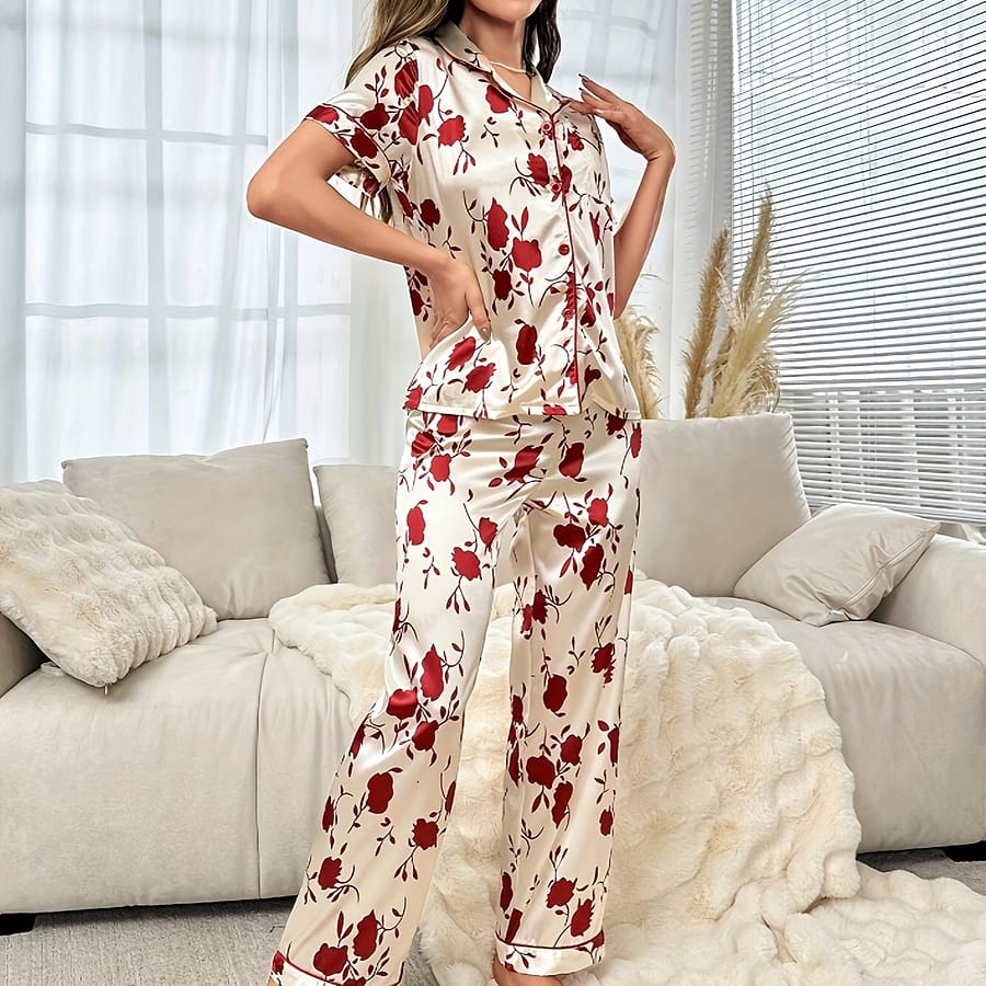 Women’s Floral Print Satin Elegant Pajama Set, Short Sleeve Buttons Lapel Top & Pants, Comfortable Relaxed Fit Clothing Shop Online at Dubai Trades 2