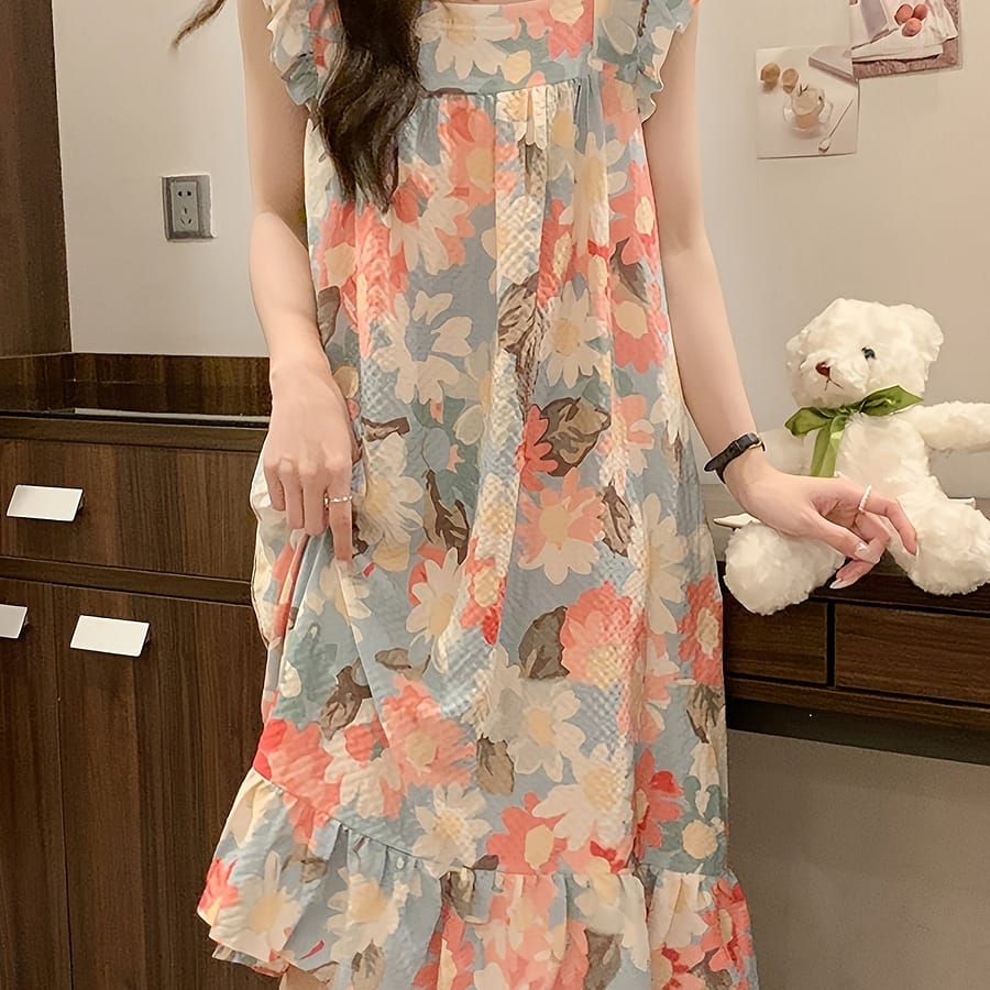 Women’s Floral Print Sweet Textured Sleepwear Dress, Ruffle Sleeve Square Neck Ruffle Hem Loose Fit Dress, Comfortable Nightgown Clothing Shop Online at Dubai Trades 2