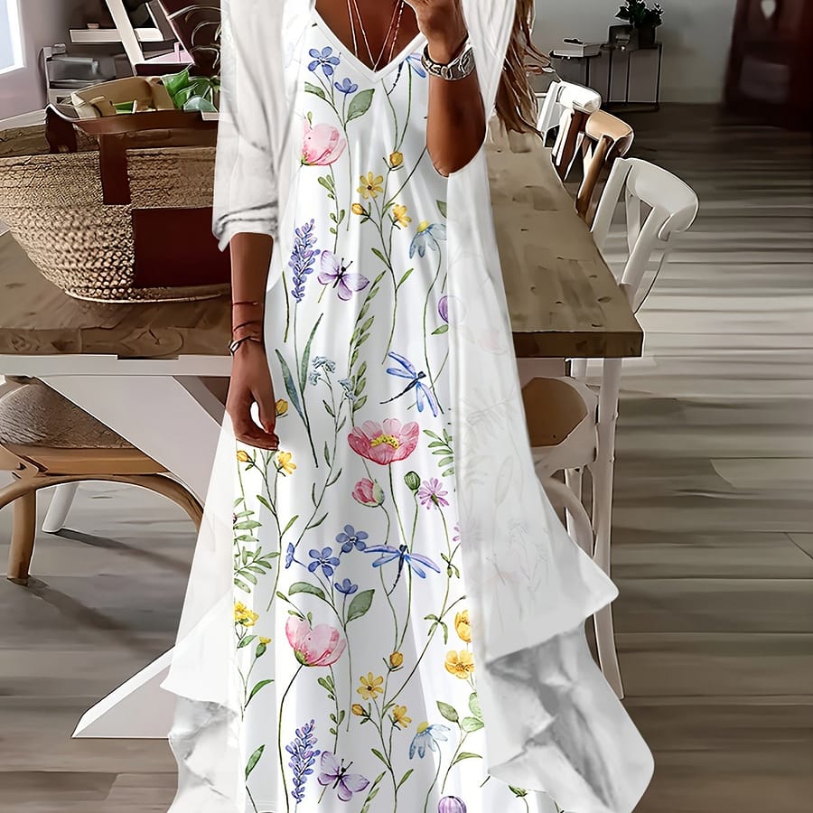 Women’s Floral V-neck Dress Set, Polyester 100% Knit Fabric, Lightweight 180g/m², Spring/fall , Ptt-fll Collection – 24291-12-23004-176 Clothing Shop Online at Dubai Trades 2