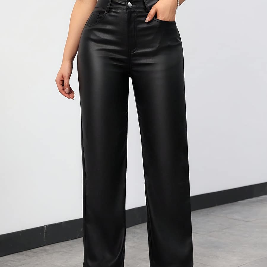 Women’s High-waisted Coated Trousers With Pockets And Straight Wide-leg Pu Pants Clothing Shop Online at Dubai Trades 2