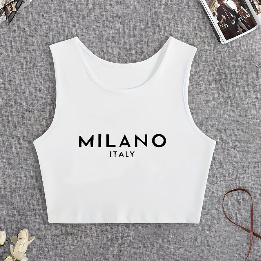 Women’s Italy Letter Print Sleeveless Tank Top, Casual Crew Neck Knit Vest, 100% Polyester, Slight Stretch, , 180gsm – Summer & Spring Fashion Clothing Shop Online at Dubai Trades 2