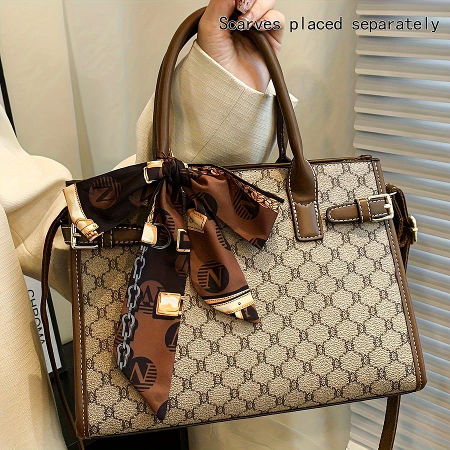 Women’s Large Capacity Geometric Print Tote Bag – Deep Brown With Golden Accents, Detachable Scarf-style Bow & Zipper Closure For Casual & Professional Use Clothing, Shoes & Jewelry Shop Online at Dubai Trades 2