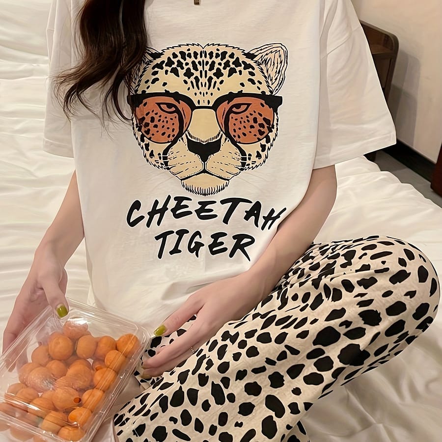 Women’s Leopard & Letter Pajama Set, Short Sleeve Round Neck Top & Pants, Comfortable Relaxed Fit Clothing Shop Online at Dubai Trades 2