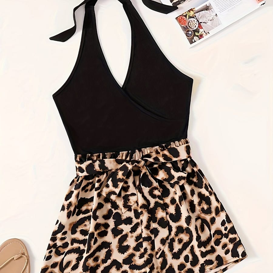 Women’s Leopard Print Neckline Jumpsuit – Black & Tan Tight-fitting Back Tie Detail, Machine Washable Non-stretch Fabric For Spring/summer Casual Outfits Clothing Shop Online at Dubai Trades 2