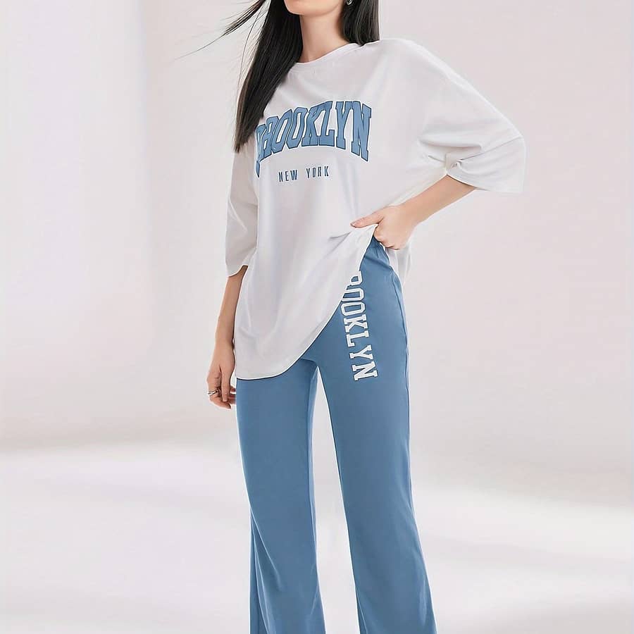 Women’s Letter Printed Round Neck T-shirt And Pants Set Clothing Shop Online at Dubai Trades 2