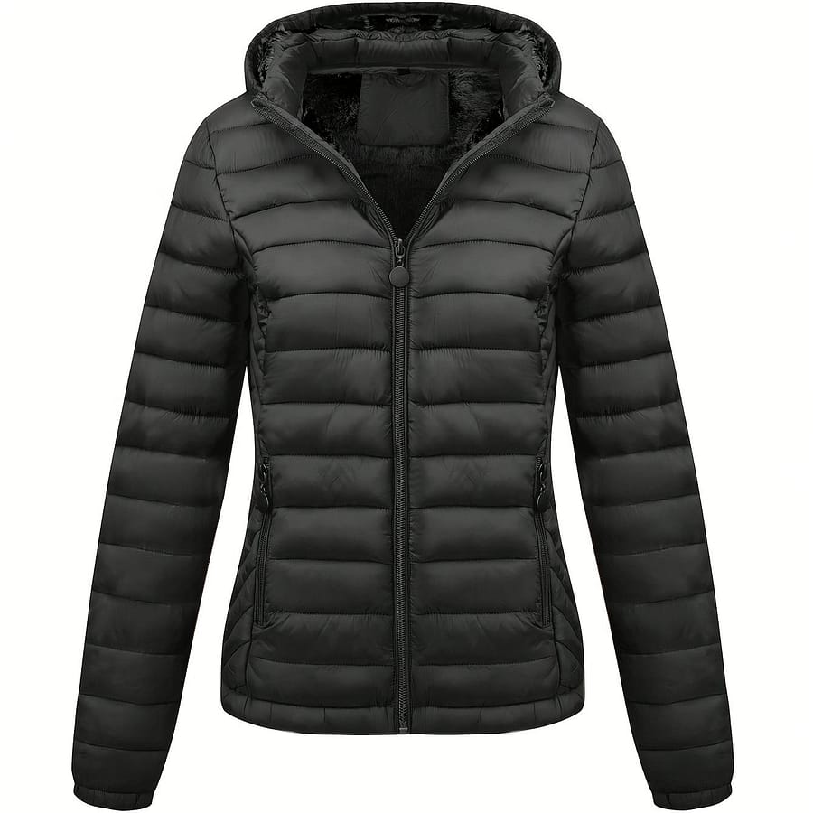 Women’s Lightweight Hooded Winter Jacket – Black, Casual Commuter Coat With Pockets, Long Sleeve, Nylon Material, Fall And Winter, Cold Weather Apparel | Minimalist Jacket | Zipper Clothing Shop Online at Dubai Trades 2
