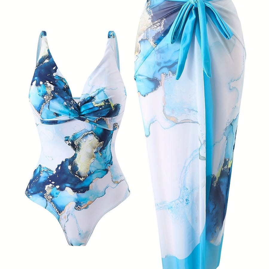 Women’s Marble Print Knot Two-piece Swimsuit Set With Matching Sarong Wrap Skirt Clothing Shop Online at Dubai Trades 2