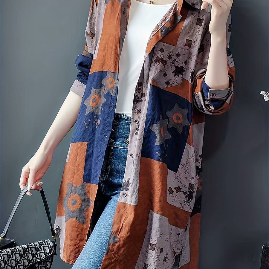 Women’s Plus Size Casual Rayon Geometric Print Shirt – Long Sleeve, Button-up, Turn- Collar, Vibrant Orange, Blue, Brown & Beige Design, Machine Washable, Spring/summer/fall Wear Blouses Shop Online at Dubai Trades 2