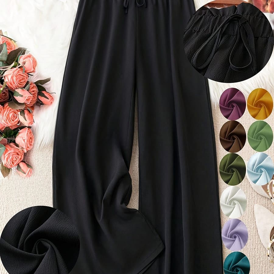 Women’s Plus Size Green Wide-leg Pants – Non-stretch Woven Fabric, Straight Leg, Spring/summer Fashion, Casual Wear, Casual Wear|wide Leg Pants|nonstretch Fabric Clothing Shop Online at Dubai Trades 2