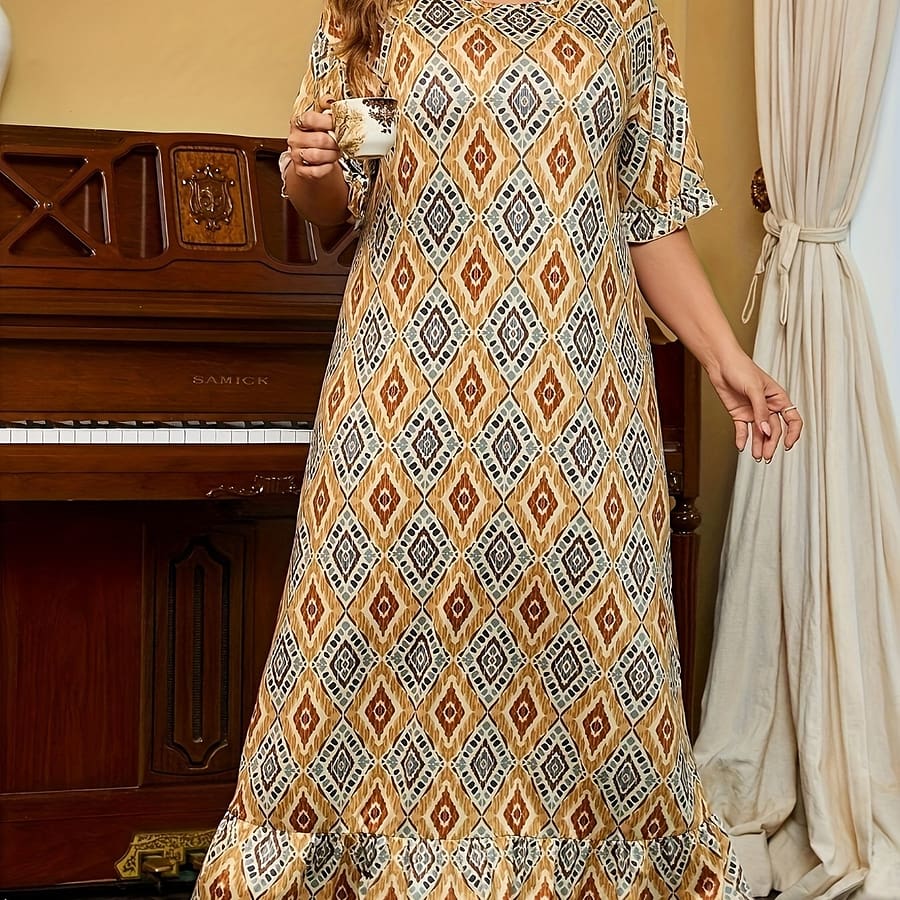 Women’s Plus Sleep Dress, Plus Size Argyle Print Short Sleeve Crew Neck Ruffle Trim Nightdress Clothing, Shoes & Jewelry Shop Online at Dubai Trades 2