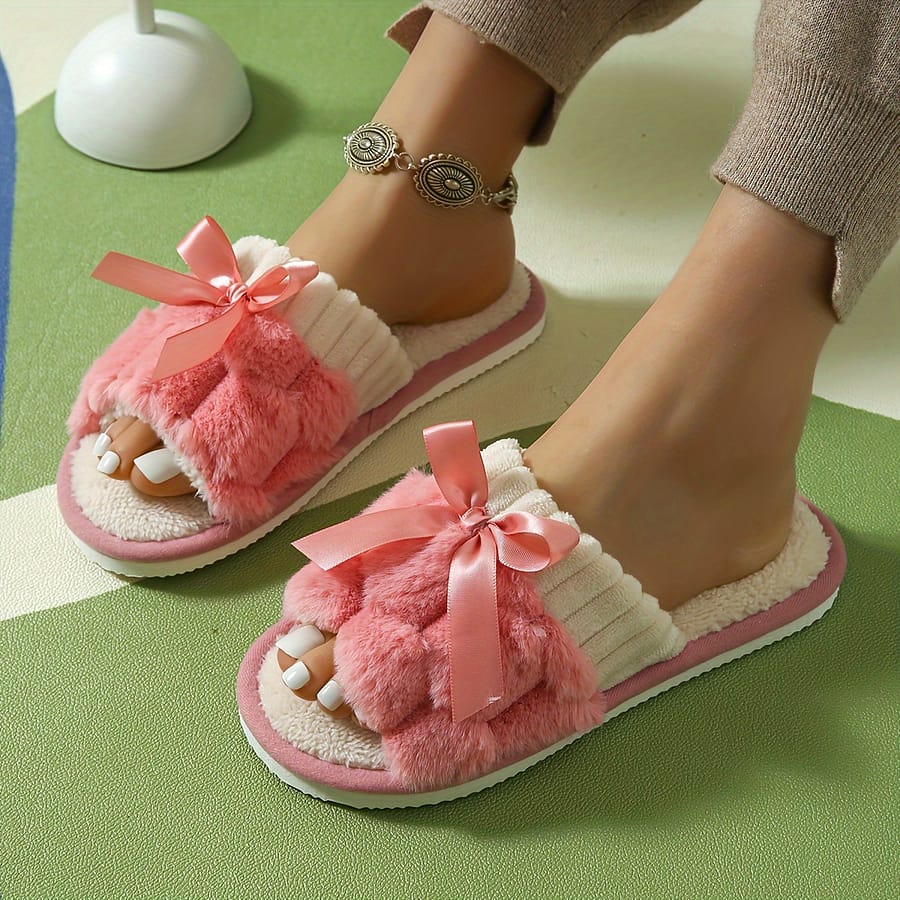Women’s Plush Fleece Slip-on Slippers With Bow Detail – Indoor House Shoes, Sole For & Quiet, Slippers In /green/beige/pink/grey, House Slippers Clothing, Shoes & Jewelry Shop Online at Dubai Trades 2