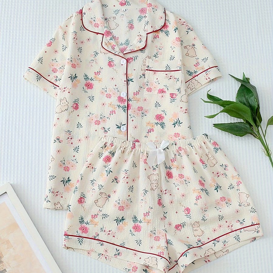 Women’s Pyjama Set, Floral Print Comfy Short-sleeved Button- Top And Shorts Clothing Shop Online at Dubai Trades 2