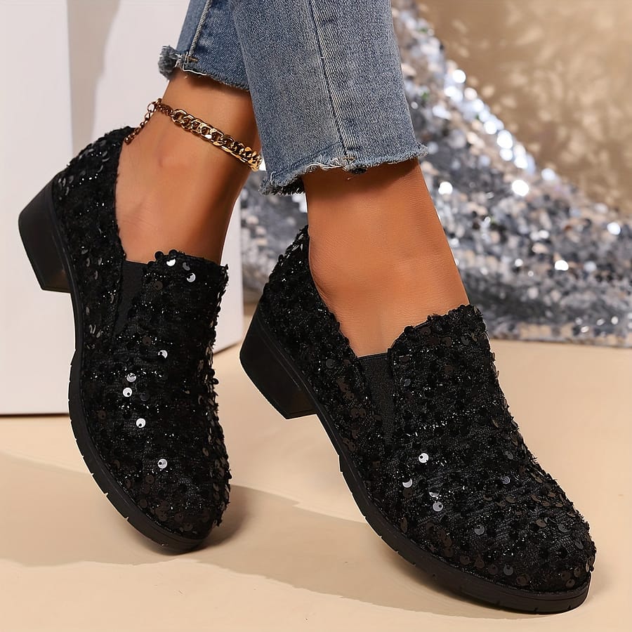 Women’s Sequin Loafers – Black Glitter Slip-on Shoes With Chunky Heel, Breathable Fabric Upper & Pu Sole, Comfortable Casual Nurse Seasons, Ladies Shoes Clothing, Shoes & Jewelry Shop Online at Dubai Trades 2