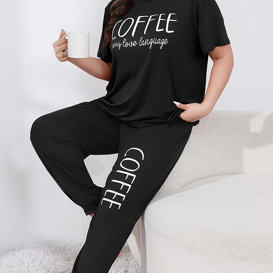 Women’s Set, Plus Size Slogan Graphic Short Sleeve Round Neck Top & Joggers Sleepwear 2 Piece Set Clothing, Shoes & Jewelry Shop Online at Dubai Trades 2