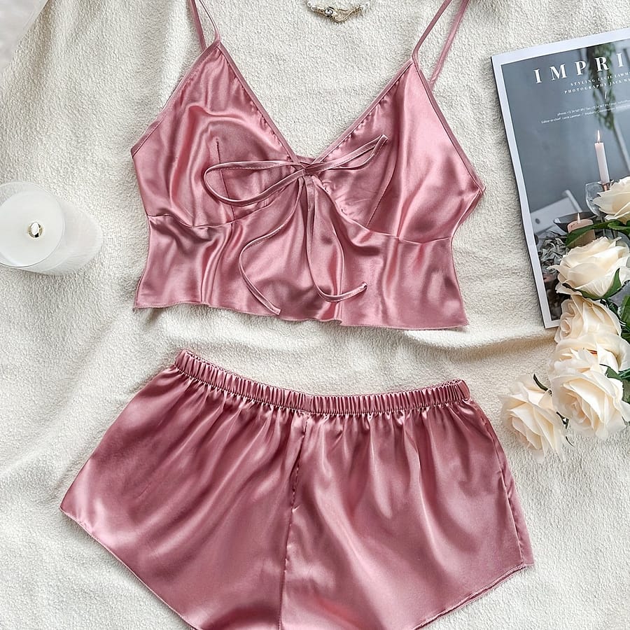 Women’s Sexy Solid Satin Pajama Set, Tie Front V Neck Backless Crop Cami Top & Mini Shorts, Comfortable Relaxed Fit, Summer Nightwear Clothing Shop Online at Dubai Trades 2