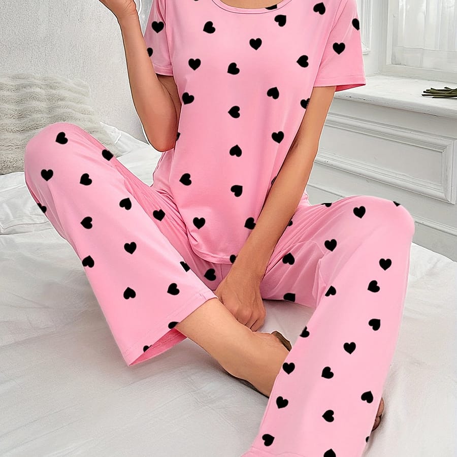 Women’s Short Sleeve T-shirt & Long Pants Pajama Set, Love Heart Print, Lounge Sleepwear, Casual Clothing Shop Online at Dubai Trades 2