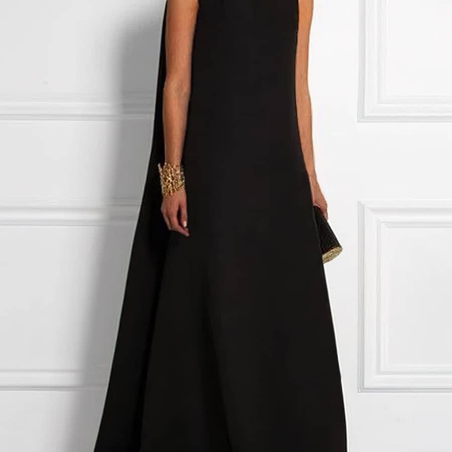 Women’s Sleeveless A-line Maxi Dress – Casual Off-shoulder V-neck, High Stretch Polyester, Solid Black, Loose Seasons Clothing Shop Online at Dubai Trades 2