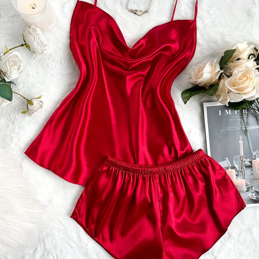 Women’s Solid Color Cowl Neck Cami Shorts Pajama Set 2 Pieces Clothing Shop Online at Dubai Trades 2