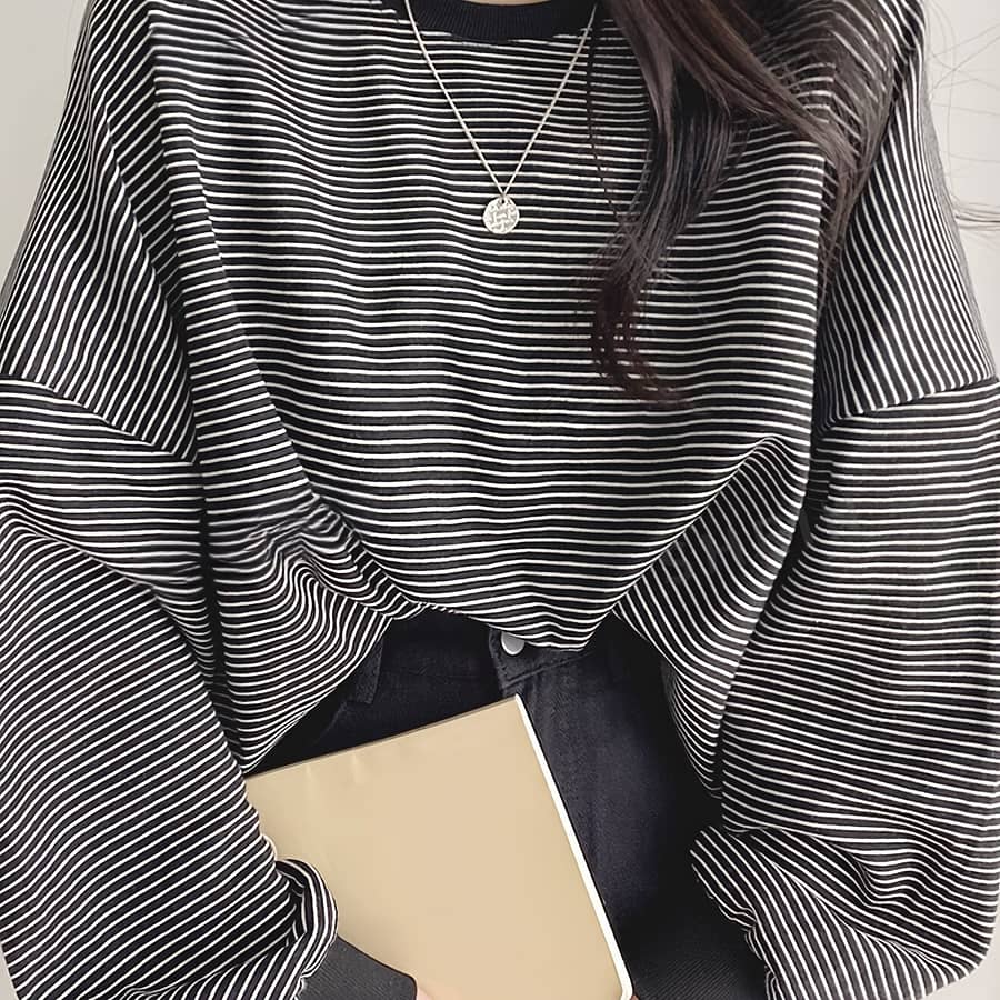 Women’s Striped Casual Loose-fit Hoodie – Elegant Round Neck Pullover, Machine Washable , Versatile Casual Attire Clothing Shop Online at Dubai Trades 2