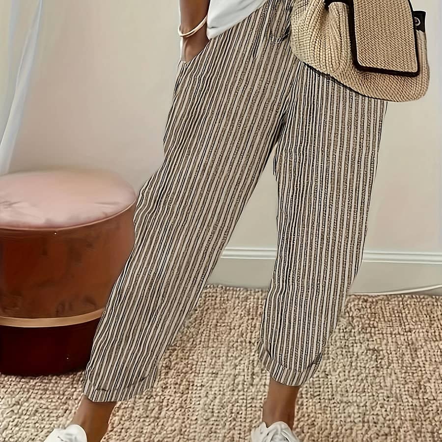Women’s Striped Wide-leg Casual Pants – High-waisted, Lightweight Polyester, Machine Washable, With Side Stripe Detail Clothing Shop Online at Dubai Trades 2