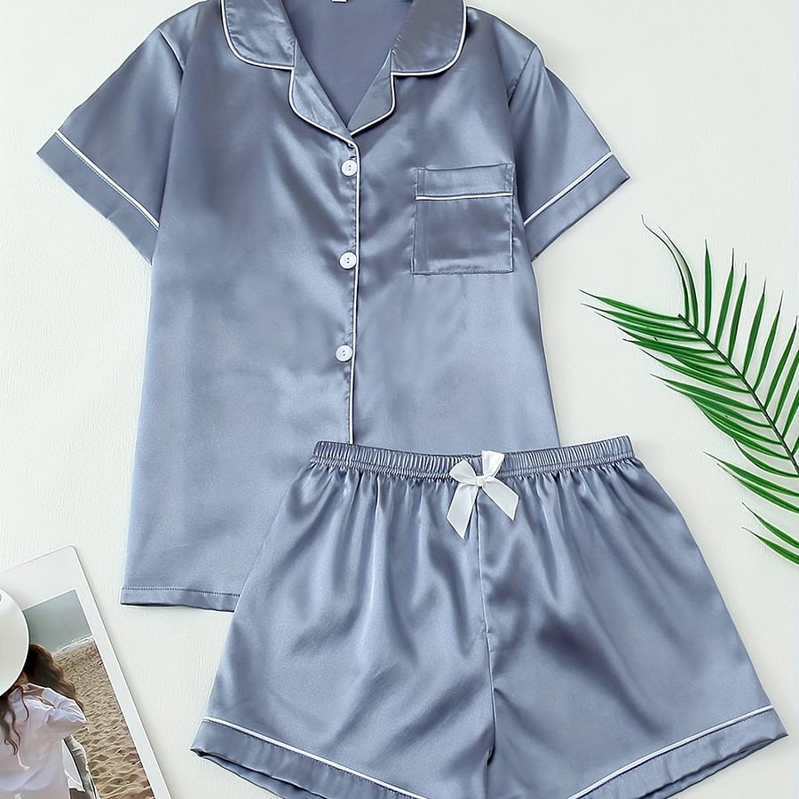 Women’s Summer Solid Color Short Sleeve Shorts Simple Casual Cardigan Set Clothing Shop Online at Dubai Trades 2