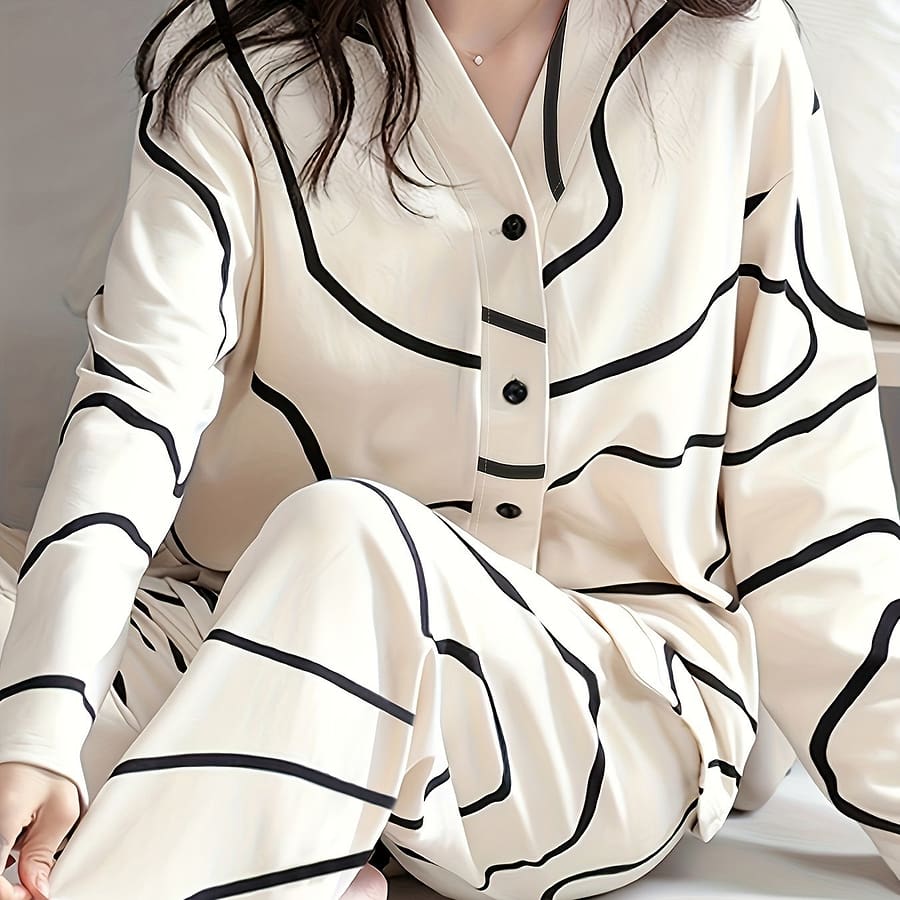Women’s Trendy Lounge Set, Long Sleeve Top With Waist Pants, Casual Abstract Print Sleepwear Set For Fall/ Winter Clothing Shop Online at Dubai Trades 2