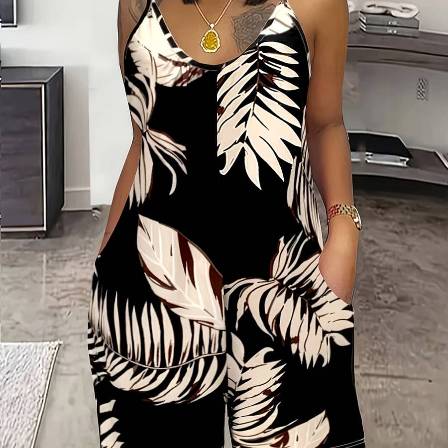 Women’s Tropical Print Sleeveless Jumpsuit With Pockets – Black, , Summer Casual Wear, Casual Summer Wear | Vibrant Print Jumpsuit | Polyester Fabric Clothing Shop Online at Dubai Trades 2