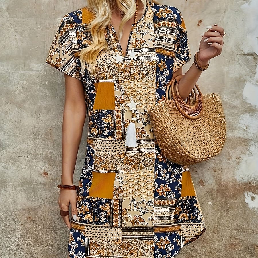 Women’s V-neck Dress – Casual Floral Print Short Sleeve Midi With Batwing Sleeves, Lightweight Polyester, Vacation Clothing Shop Online at Dubai Trades 2