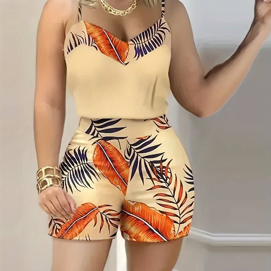 Women’s V-neck Sleeveless Top & Shorts Set, Polyester Floral Outfits, Zipper Pullover Design, Regular Fit, Spring/summer Wear Clothing Shop Online at Dubai Trades 2