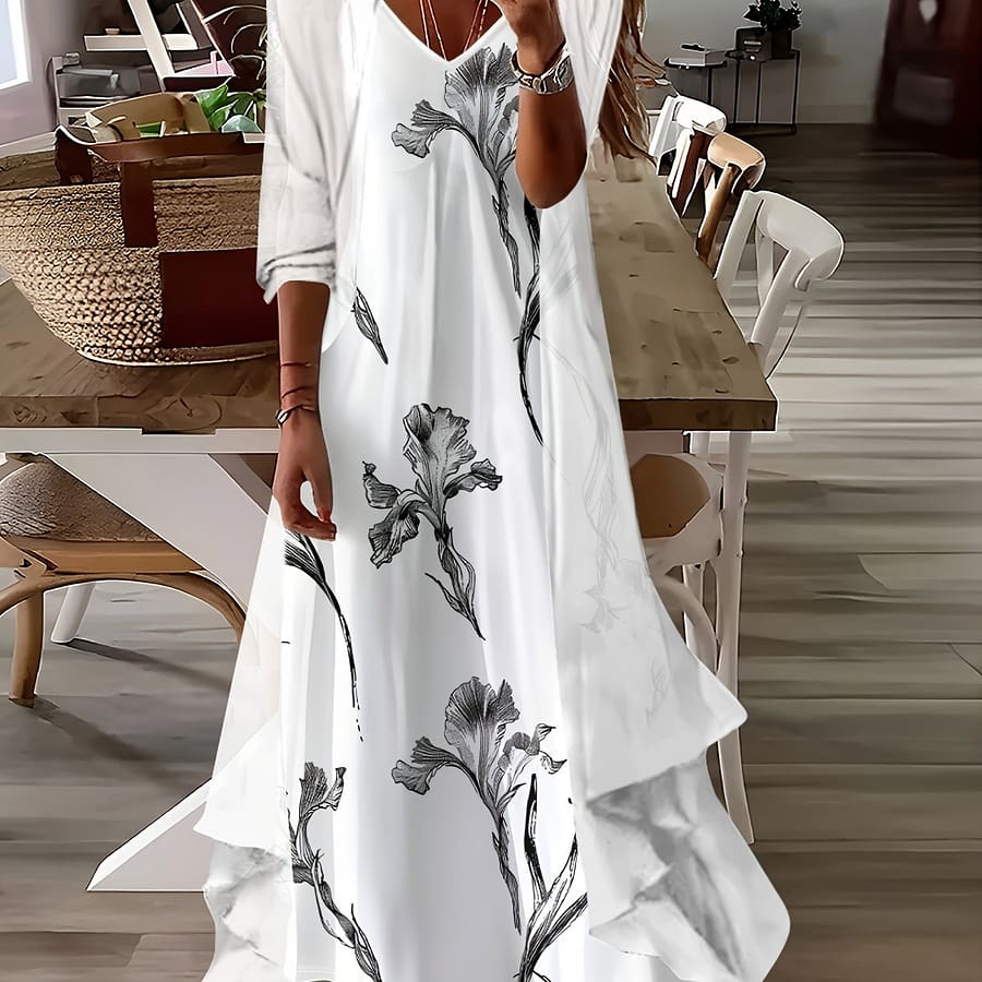 Women’s Vacation-ready Floral Dress Set – V-neck, Long Sleeve & Ruffle Hem With Matching Cardigan – Polyester, Machine Washable Clothing Shop Online at Dubai Trades 2