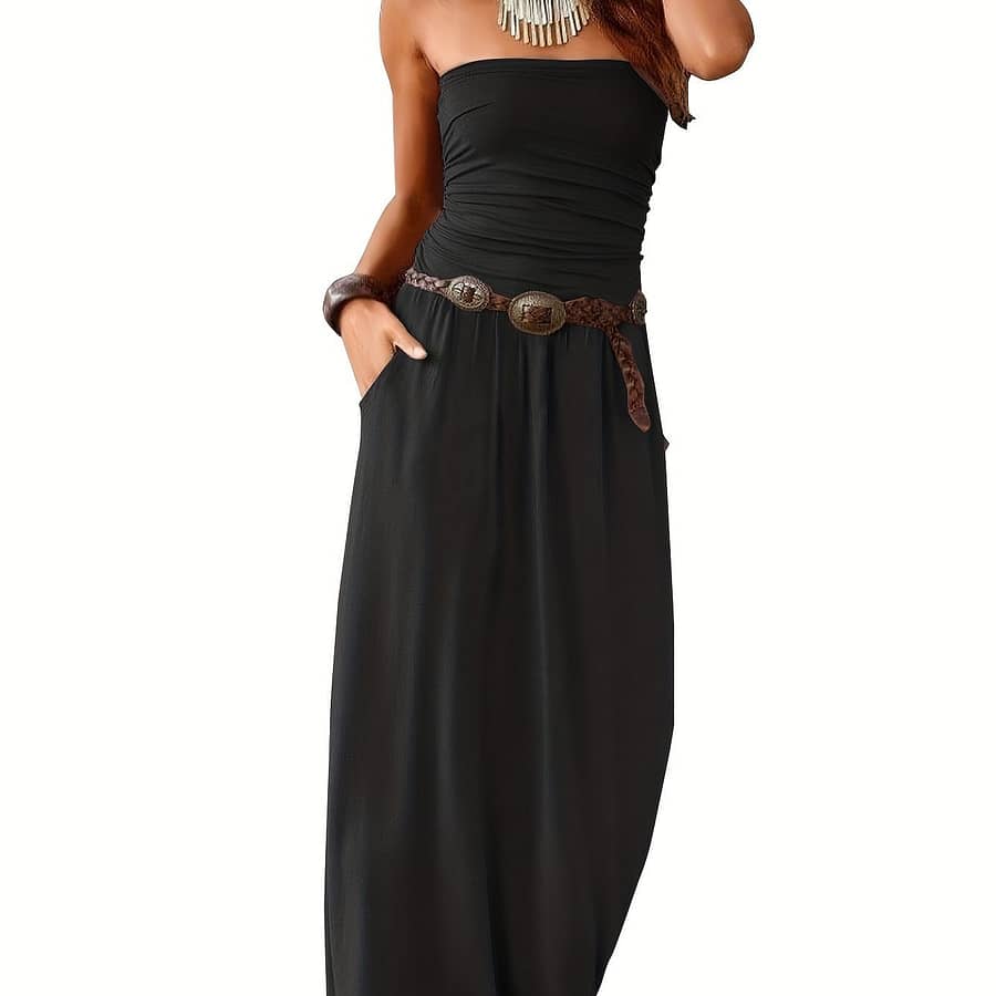 Women’s Vibrant Floral Print Bandeau Dress With Pockets – Sleeveless Maxi Skirt, Elegant Side Slit, Spring/summer, Skin-friendly Style, Floral Print Dress Clothing Shop Online at Dubai Trades 2