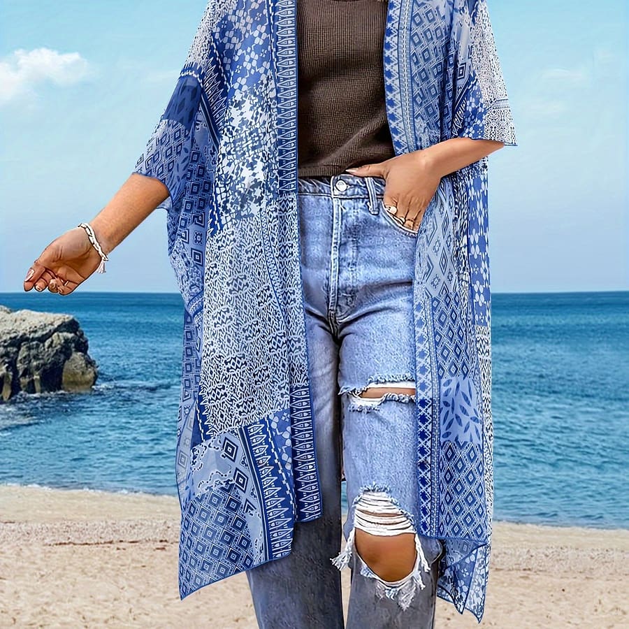 Women’s Vibrant Paisley Print Beach Cover-up Dress – V-neck, Short Sleeve, Lightweight & Breathable Polyester-spandex Blend, Spring/summer Vacations Clothing Shop Online at Dubai Trades 2