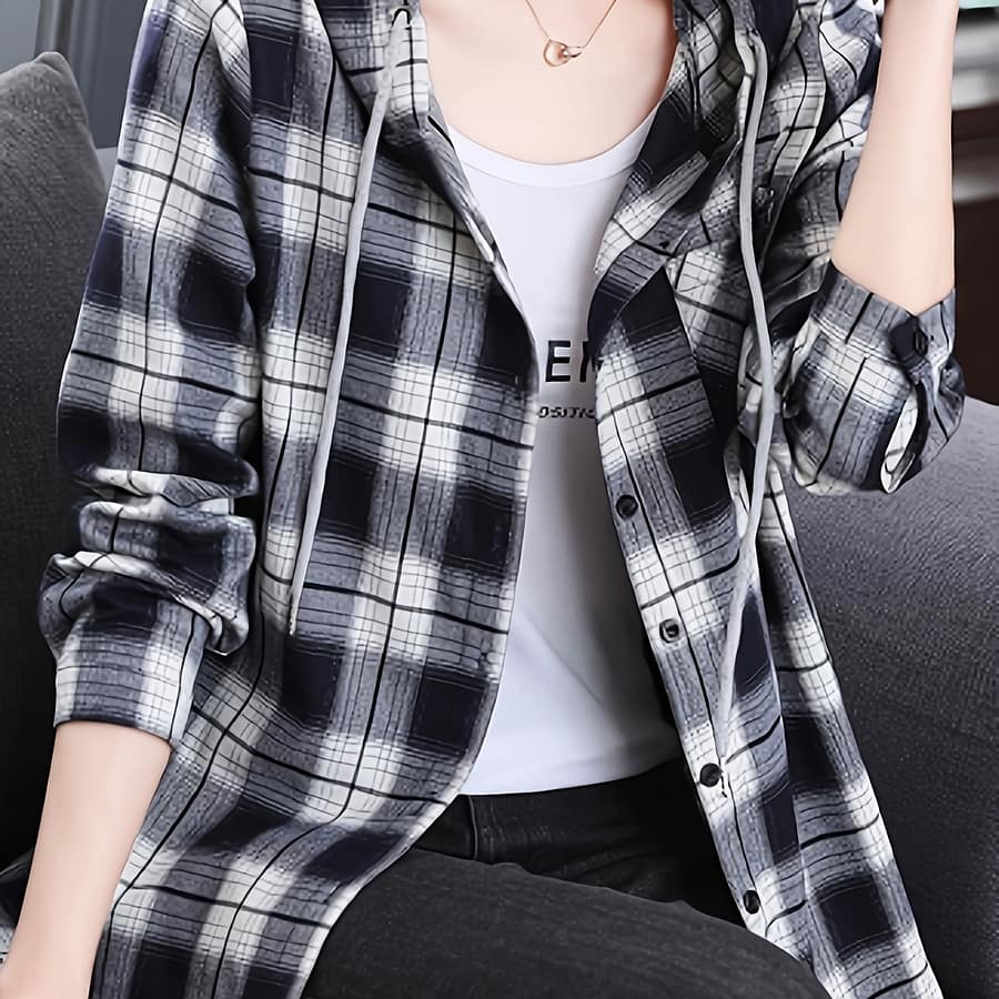 Women’s Y2k Fashion Hooded Plaid Shirt, 100% Polyester Woven Fabric, Lightweight Spring/summer Casual Wear, 130g/m² – Adult Blouses Shop Online at Dubai Trades 2