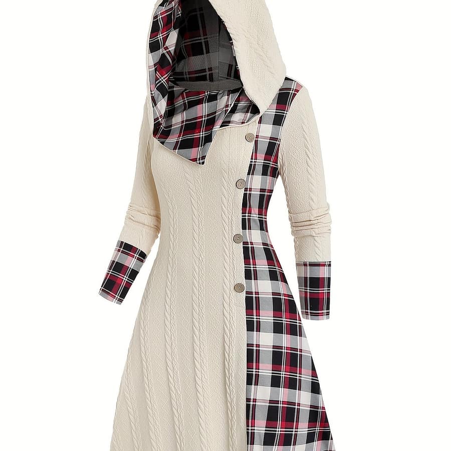 Women’s Y2k Style Hooded Knit Dress, Gingham , Long Sleeve A-line, High Waist With Buttons, Polyester 95% Spandex 5%, Fall/winter Collection, 240g/m² Fabric Weight Clothing Shop Online at Dubai Trades 2