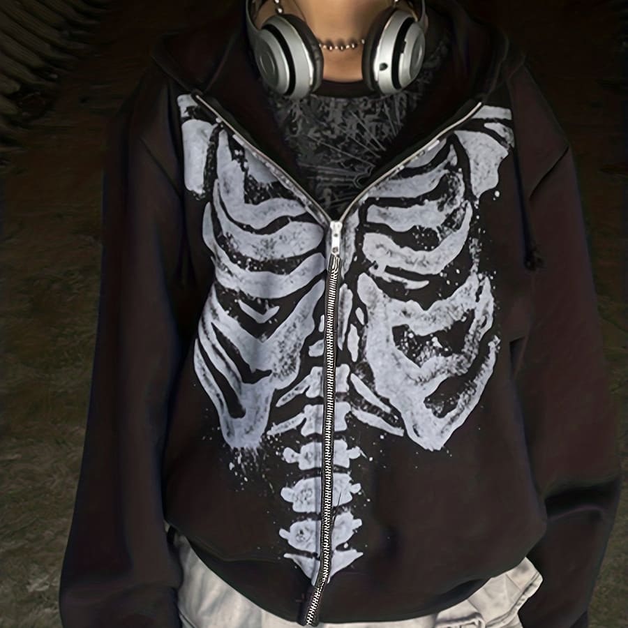 Women’s Y2k-inspired Skeleton Print Zip-up Hoodie – Stretchy Knit Fabric, Long Sleeves With Pockets, Machine Washable, Streetwear Clothing Shop Online at Dubai Trades 2