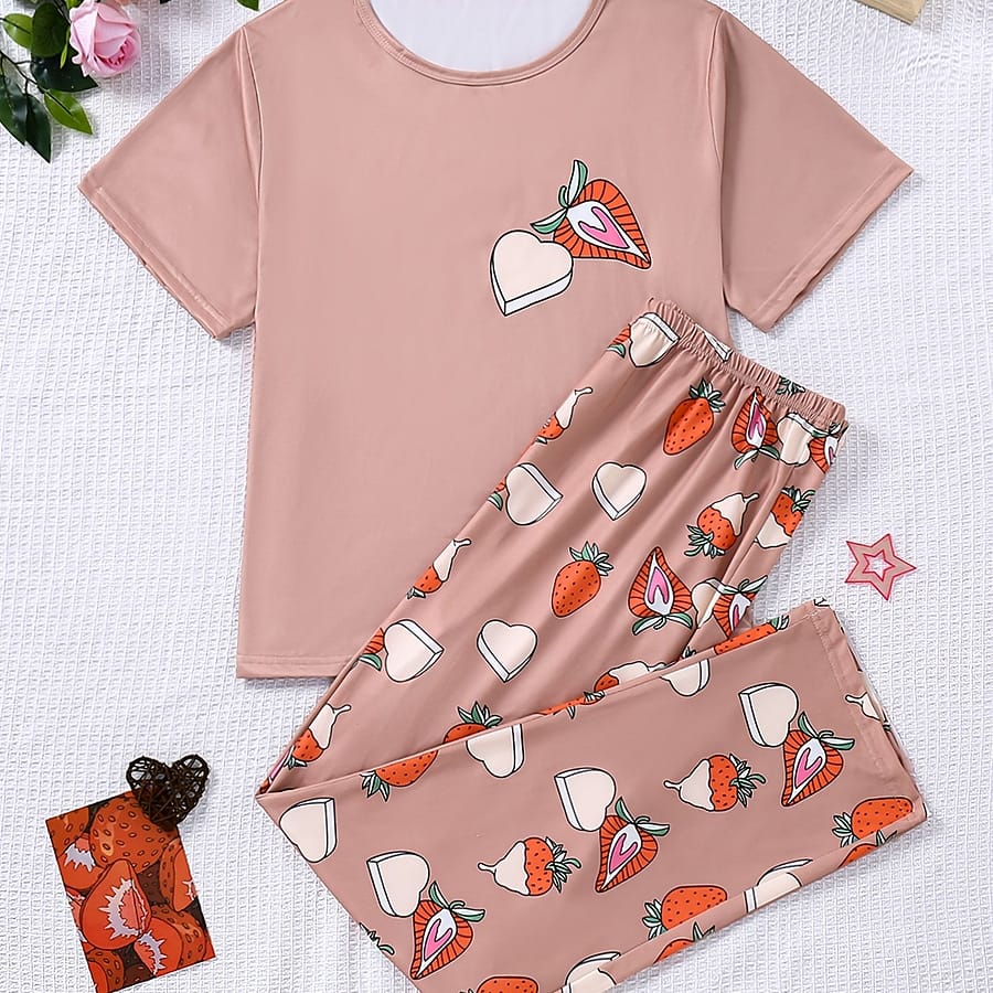[casual ] Women’s Cute Strawberry Cake Pajama Set – Short Sleeve Top & Matching Shorts, Polyester, Machine Washable, , Strawberry Pajamas Clothing Shop Online at Dubai Trades 2