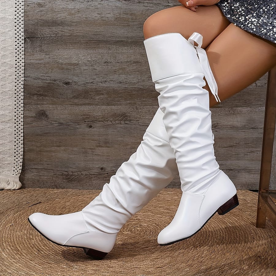[comfortable Boots] Elegant Women’s Knee-high Boots With Bow Detail – Square Toe, Chunky Low Heel, Lace-up, Cover & Rubber Sole, Available In White, Black, Red Boots Shop Online at Dubai Trades 2