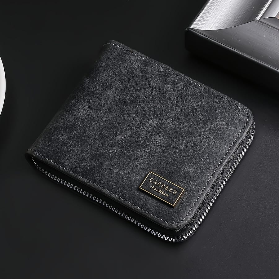 [elegant Style] Carrken Compact Men’s Leather Wallet With Zipper – Sleek Black, Multi-card Holder & Coin Pocket, Folding Design – Ideal Gift For Men, Carrken Accessories Shop Online at Dubai Trades 2