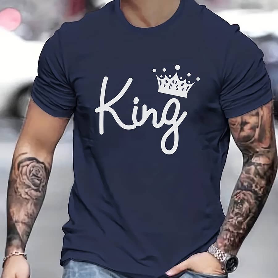 “king” Pattern Print Men’s Comfy Chic T-shirt, Graphic Tee Men’s Summer Outdoor Clothes, Men’s Clothing, Tops For Men, Gift For Men Clothing Shop Online at Dubai Trades 2