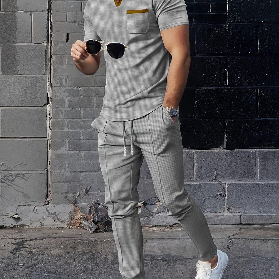 ‘s Casual Set Outdoor Versatile High End Trendy Men’s Waffle Collar Short Sleeve Pocket Top Long Pants Solid Color Men’s Set 2 Pieces Active Shop Online at Dubai Trades 2